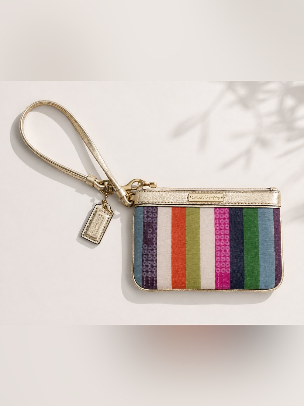 Coach Poppy Legacy Stripe Wristlet Bag 44910 Multicolor Sequin Gold Y2K McBling